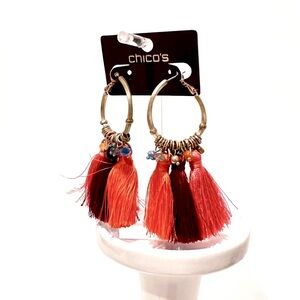 CHICO’s Austyn Orange & Magenta Tassels on Matte Gold Hoops w Gemstones NWT​